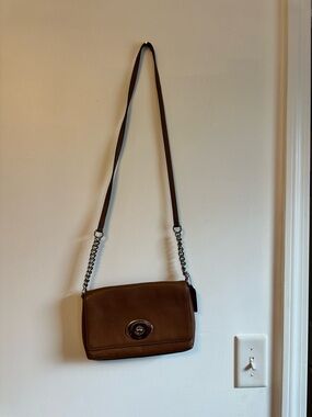 Coach Brown pebbled Leather Shoulder purse with Chain Strap